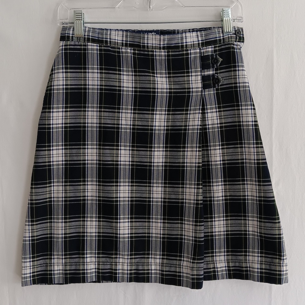 Lands End Plaid Skirt School Uniform Girl 14 Green Excellent Tartan A-Line Wrap
